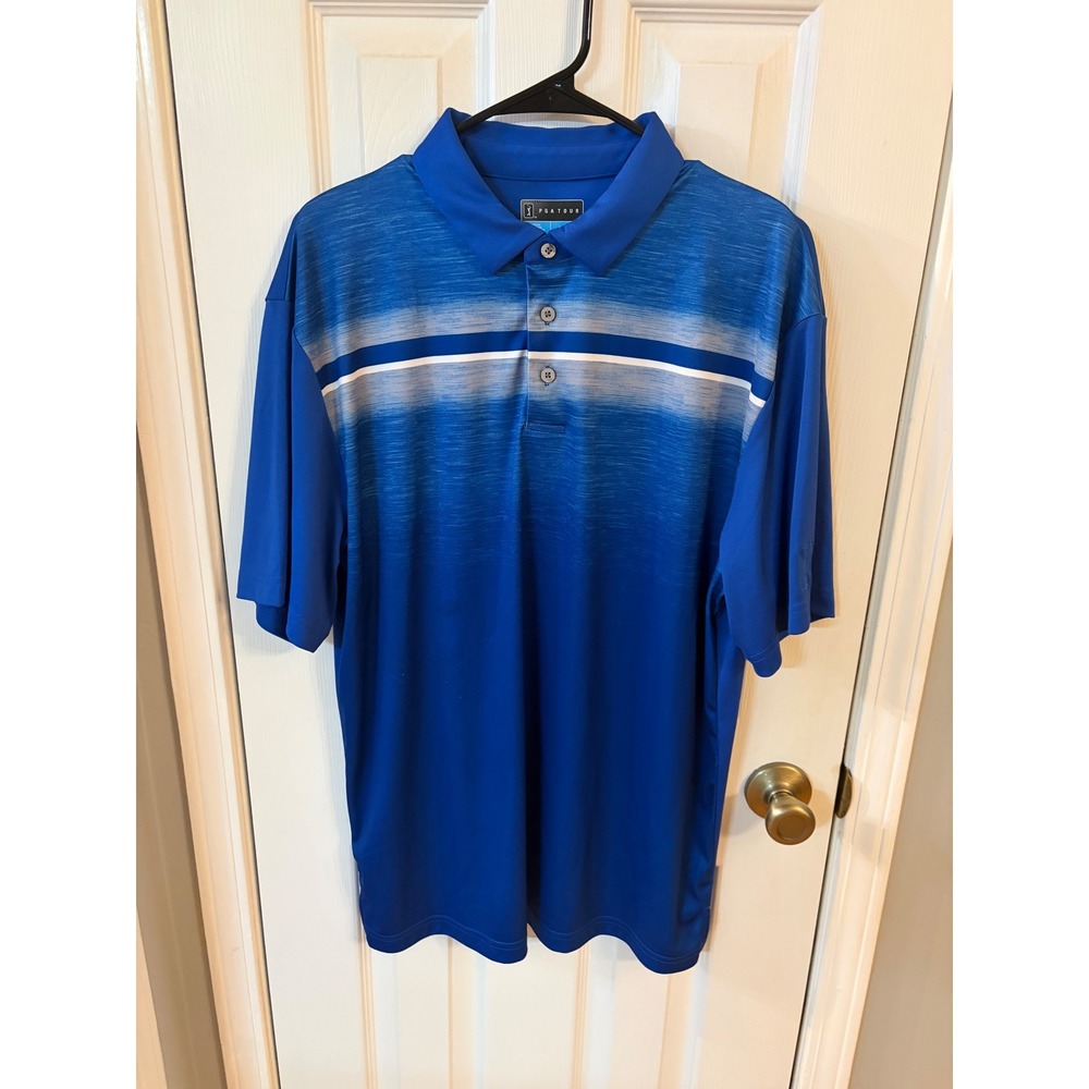 PGA Tour Polo Shirt Mens Large Blue Ombre Striped Performance Short Sleeve